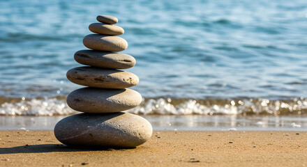 Balanced Zen Stones on Sandy Beach