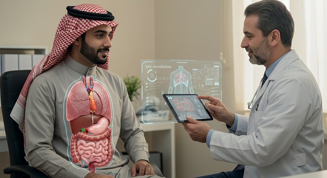 Doctor and patient review digital medical holographic projection of internal organs on tablet. - Powered by Adobe