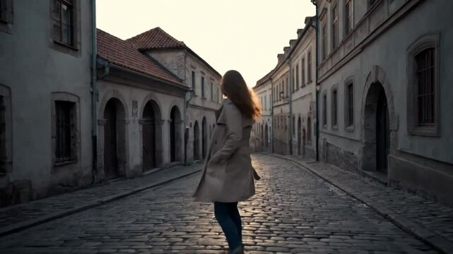 Young woman walks through an old European city street, past historic architecture and people