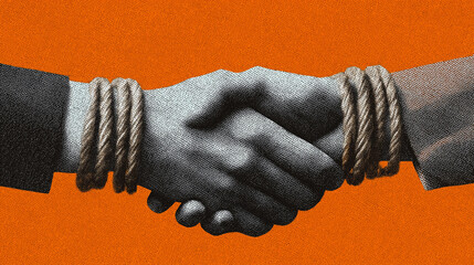 Businessmen shaking hands with tied wrists making a forced agreement