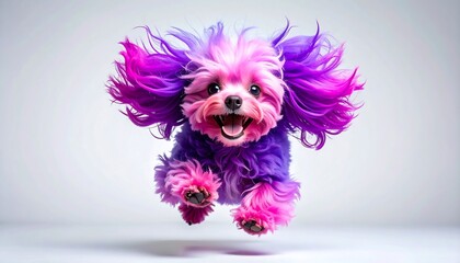 Funny Cartoon of A tiny dog with a combination of pink and magenta hair, in a happy, smiling and jumping pose with a simple background