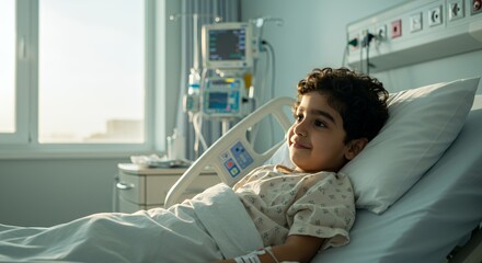 Hopeful young patient rests in a hospital bed, gazing out a window, bathed in soft sunlight.