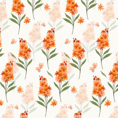 Orange meadow flowers and green leaves on seamless repeat, hand-drawn vector flat style, soft autumn and summer tones on white background, perfect for fabric, wallpapers, packaging, stationery