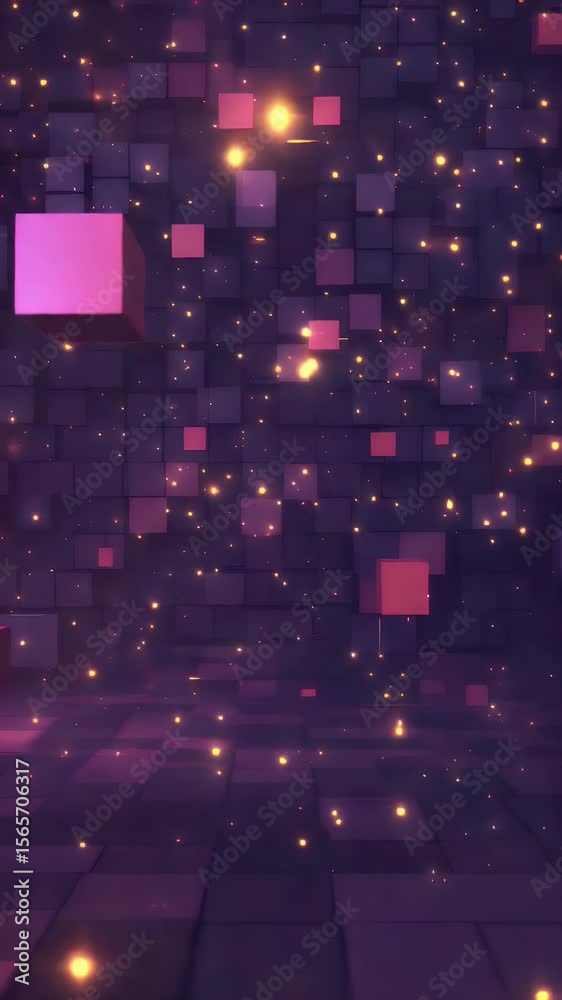 Poster abstract cube structures in shades of purple and magenta with sparkling particle effects creating a 