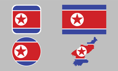 Naklejka premium North Korea flag set of icons. A set of flags in square, rectangular, map, and round shapes. Flag icon.