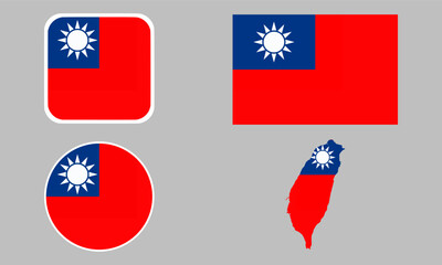 Taiwan flag set of icons. A set of flags in square, rectangular, map, and round shapes. Flag icon. 