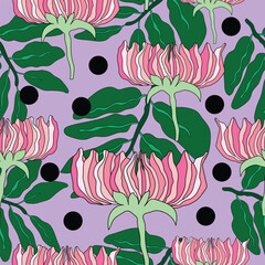 pink and white flowers with green leafy branches and polka dots on purple background seamless pattern. Good for fabric, textile, wrapping, decorations, printable, packaging and more.