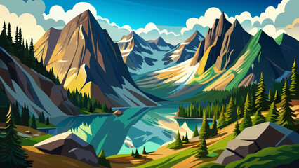 In Rocky Mountain National Park, alpine lakes sparkle below dramatic peaks, with elk grazing peacefully in the valley and crisp air surrounding the scene.