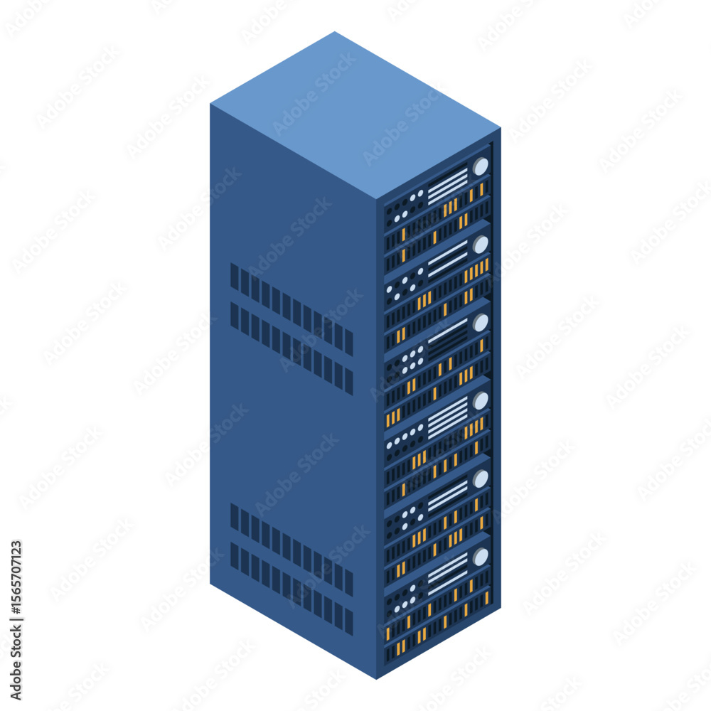 Poster server rack. isometric server. server network equipment. computer network technology. isometric tech