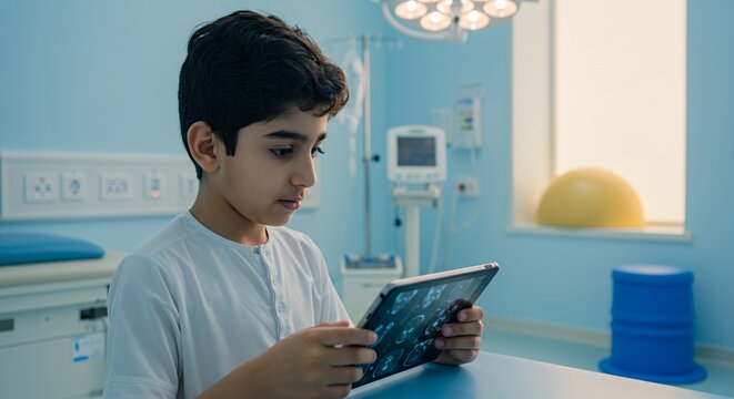 Young boy in hospital gown attentively studies medical images on a tablet, showcasing modern healthcare technology and pediatric care.
