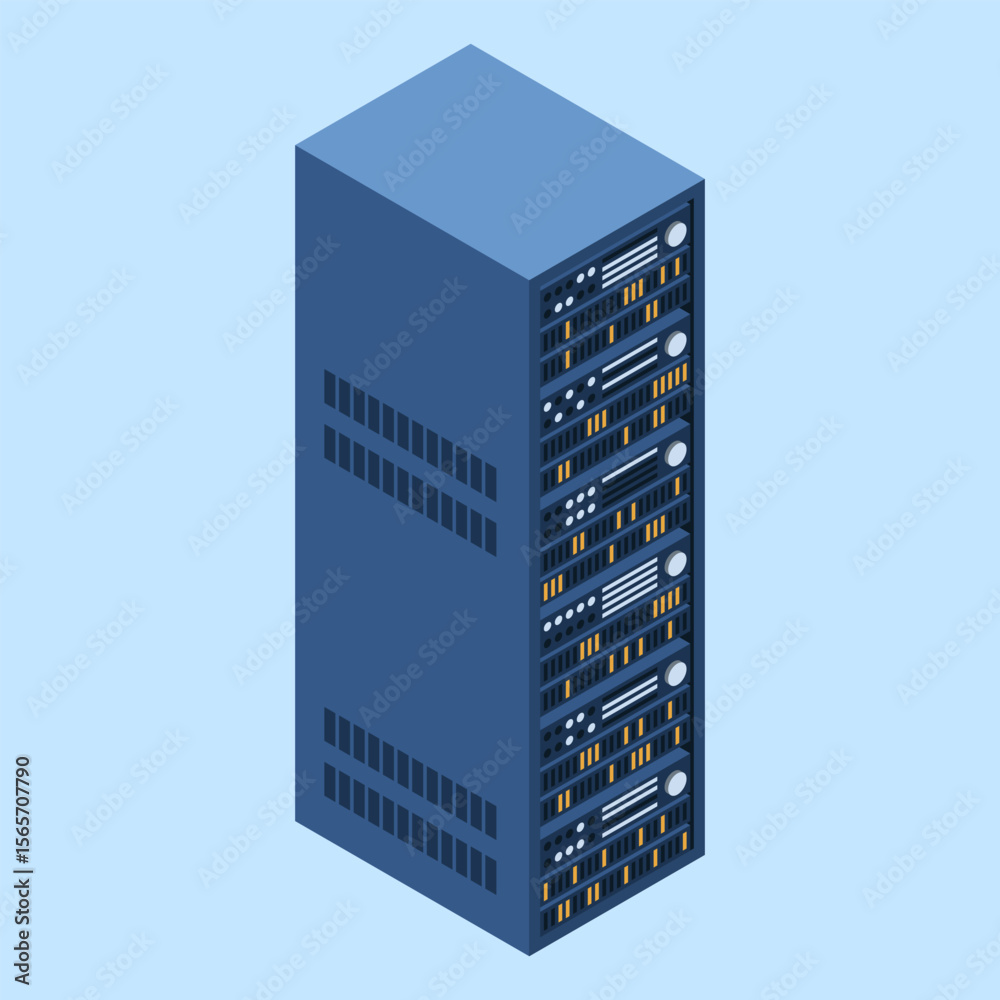 Poster server rack. isometric server. server network equipment. computer network technology. isometric tech