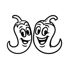 fun chilli pepper love couple cartoon character isolated drawing line style sketch classic vintage design illustration