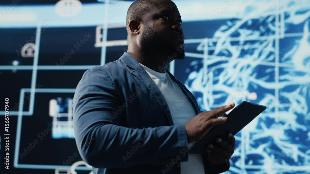 Poster african american it specialist ensuring futuristic ai brain in the background, machine learning thro