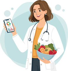 Dietitian showing healthy food and nutrition app for wellness and weight loss management plan advice