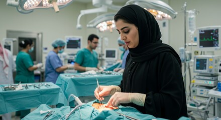 Focused surgeon in hijab performs delicate procedure in modern operating room, showcasing expertise and professionalism.