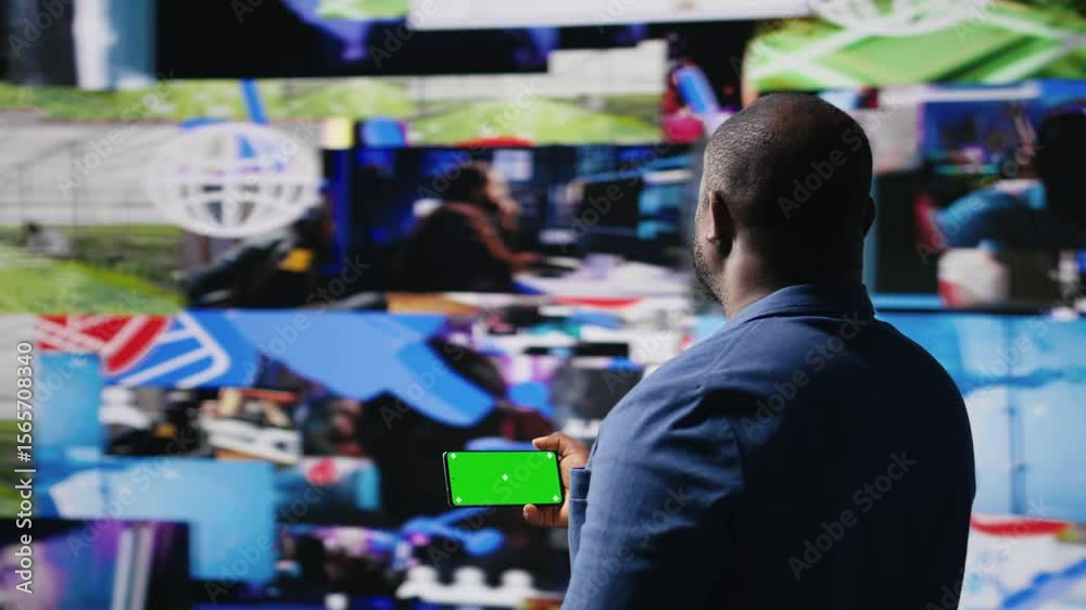 Poster african american user holding a phone with isolated mockup display, digital system of networks and a