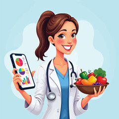 Dietitian holding fruits and vegetables showing diet app for healthy eating and nutrition advice tips
