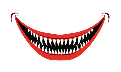 Obraz premium Scary red smiling mouth with sharp teeth on white background, Halloween concept 