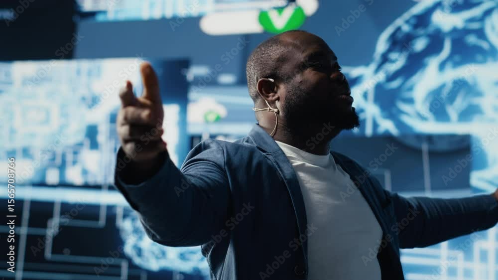 Poster black public speaker engineer presenting ai neural networks to the audience, discussing about the im