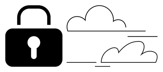 Lock symbol and clouds emphasize data protection, online security, and privacy in tech. Ideal for cloud computing, cybersecurity, backup, software safety, legal restrictions, IT risk simple flat