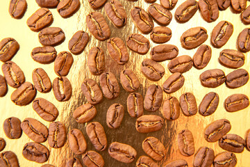 Roasted coffee beans in an oval formation on a reflective golden surface, highlighting their smooth...