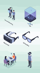 Fototapeta premium Virtual and augmented reality technologies illustrated with isometric icons showing users interacting with VR headsets and environments.