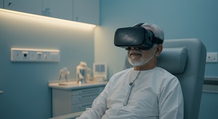 An elderly man sits comfortably in a medical facility, immersed in a virtual reality experience, his expression serene and thoughtful.