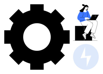 Large gear represents process and efficiency. Woman using laptop conveys productivity. Lightning bolt implies energy or innovation. Ideal for themes of business, teamwork, technology