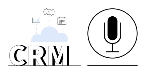 Large CRM text beneath cloud hosting graphs, calendar, and gear icons. Alongside, a bold microphone icon suggests voice commands. Ideal for technology, CRM tools, automation, workflow innovation