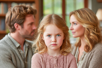 Young girl with serious expression in foreground, parents in soft focus background, family dynamics