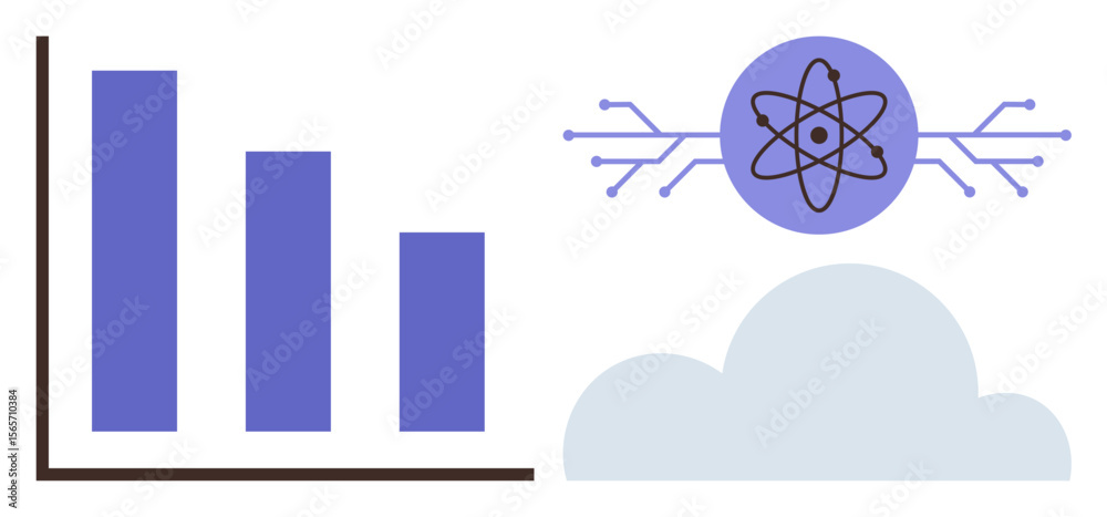 Poster bar chart showcasing data, atomic icon symbolizing innovation, cloud representing storage, and tech 