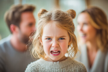 Young girl with angry expression in cozy family setting with blurred background figures