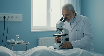 Focused senior scientist meticulously examines a sample under a microscope in a modern medical laboratory setting.