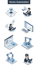 Isometric illustrations of various automated systems and human interaction with technology.