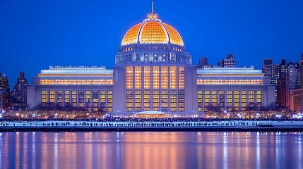 Chicago Landmark at Dusk: Golden Dome Reflecting on the Water wi