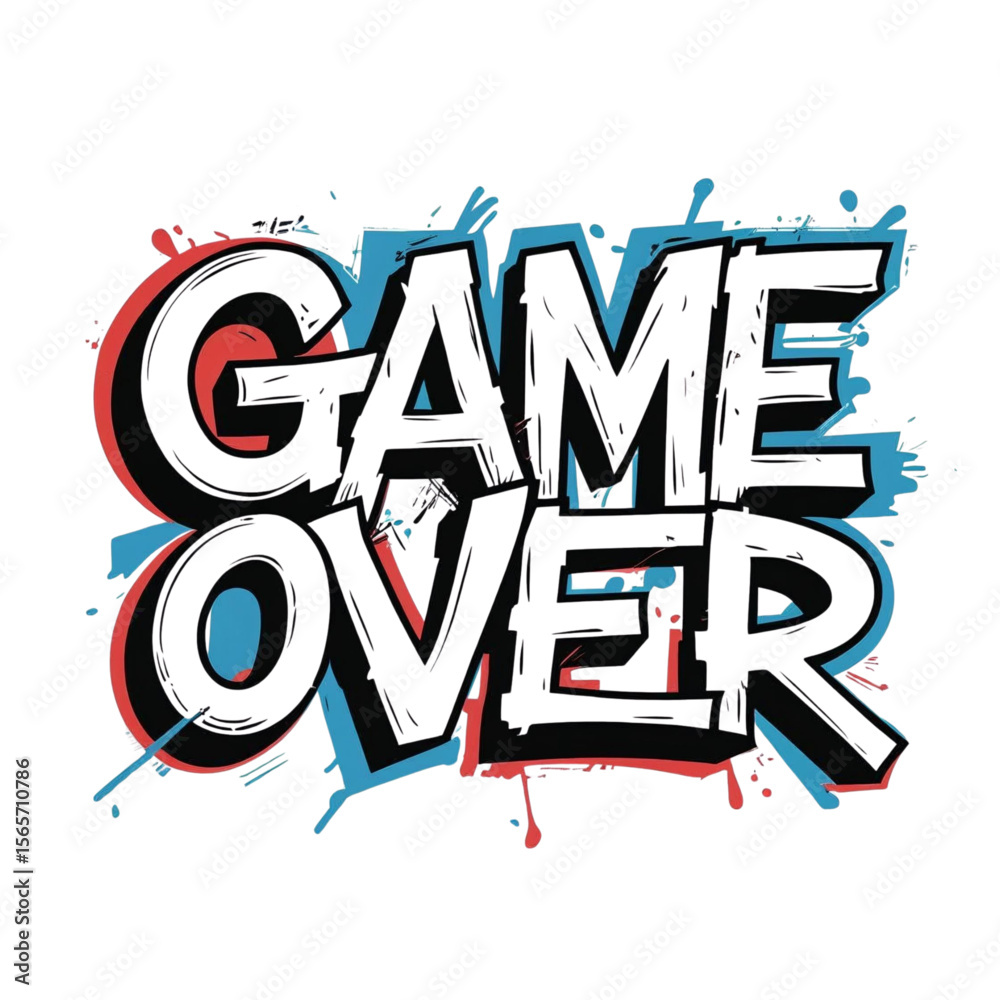 Fototapete retro arcade style end screen illustration with game over text and colorful paint splatter design ef