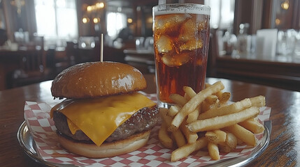 Juicy cheeseburger with fries and iced tea restaurant meal