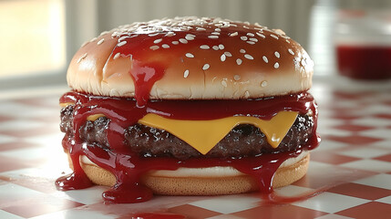 Juicy cheeseburger with melted cheese and ketchup