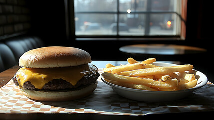 Juicy cheeseburger with golden french fries casual dining scene