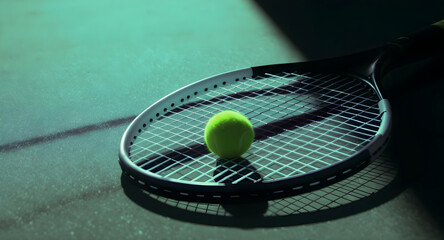 Tennis racket and ball on teal court