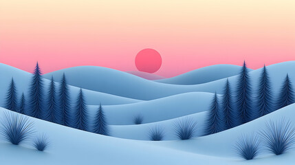 Pastel winter landscape rolling hills pine trees and sunset
