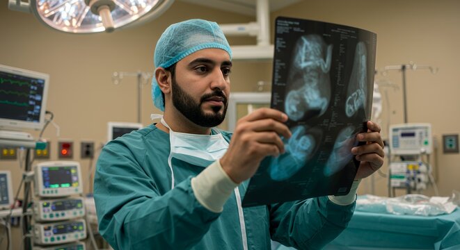 Focused surgeon examines medical x-ray in operating room, contemplating diagnosis and treatment plan.