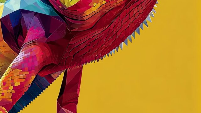 Colorful low-poly dinosaur illustration with a yellow backdrop.