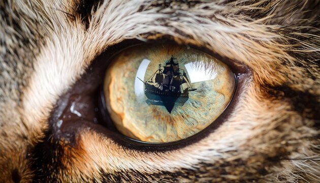 Cat's captivating eye reflects a pirate ship sailing across the sea at sunset in a whimsical adventure on the high seas