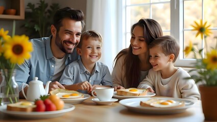 Family of four having breakfast together at home with natural light, parents and two kids enjoying meal in a warm and cozy kitchen setting