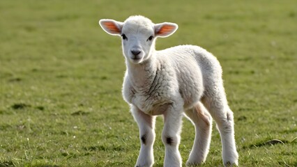 Fototapeta premium Small white lamb standing in a bright green grassy field during springtime with soft natural lighting and a calm peaceful rural background