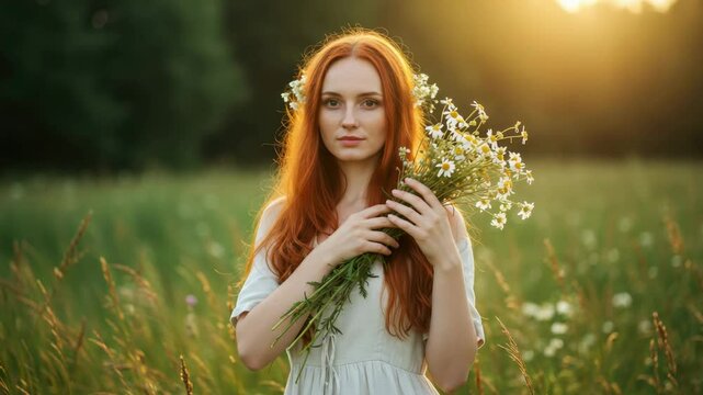 Young woman with red hair and flowers celebrating the Summer Solstice in a green field at sunset, pagan ritual footage.