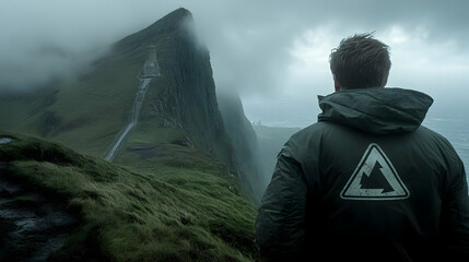 Man contemplating dramatic coastal landscape cliffs waterfall moody atmosphere