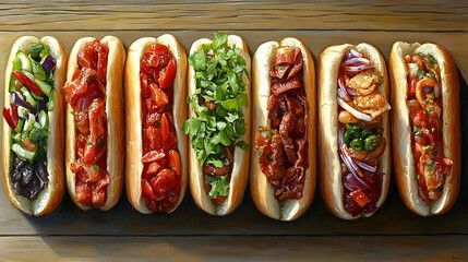Seven assorted hot dogs with colorful toppings overhead food photography