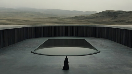 Minimalist courtyard with person by pool and expansive landscape